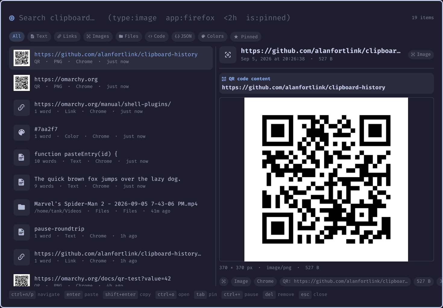 clipboard-history picker showing a QR code with its decoded content